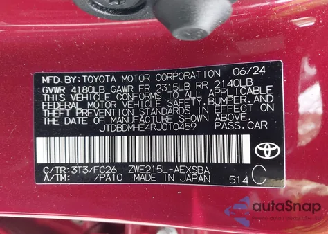 2024 Toyota Corolla Hybrid Se from USA, damaged, VIN JTDBDMHE4RJ010459